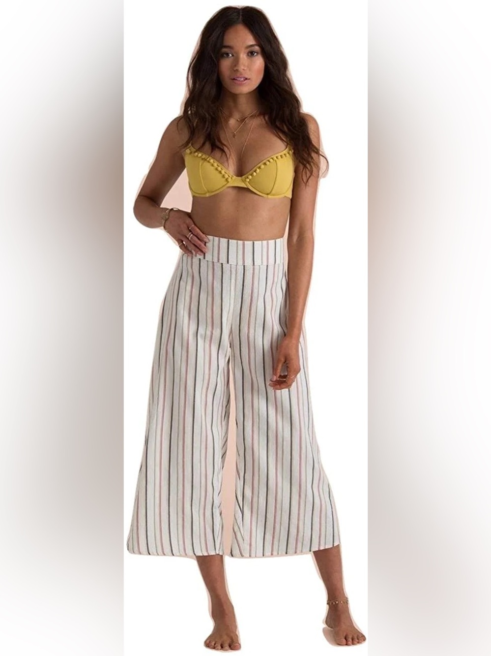 Billabong x Sincerely Jules, White Wide-Leg Striped Linen-Blend Cropped Pants